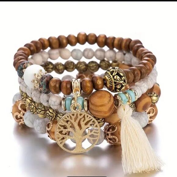 Stackable Boho Wooden Beaded Bracelets (4 Total) (NEW) - Picture 1 of 9